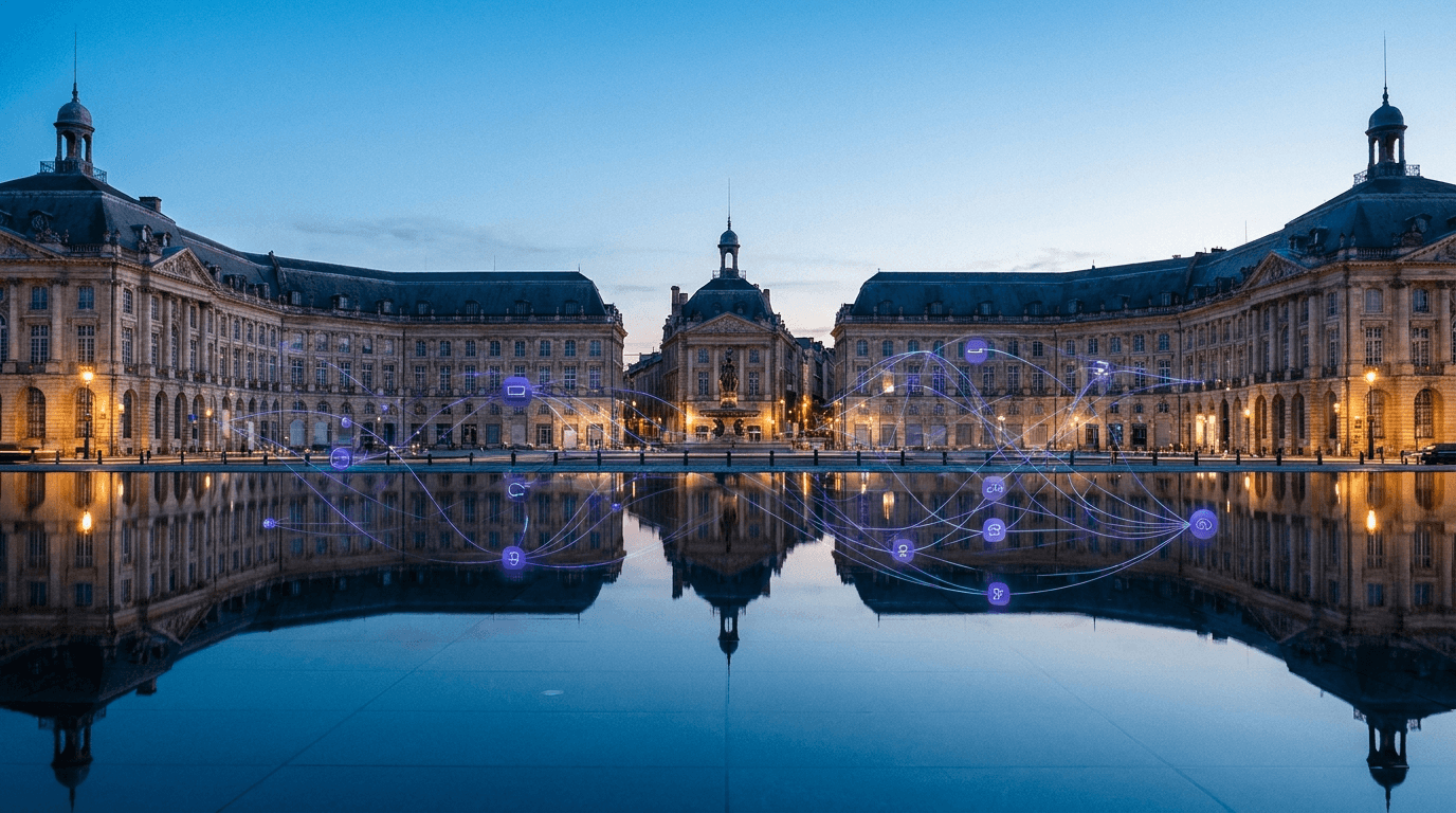 Bordeaux Place de la Bourse et miroir d'eau avec workflows d'automatisation