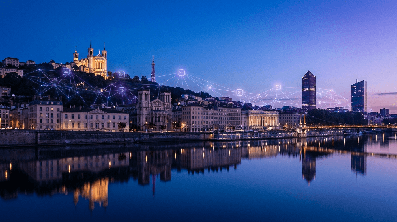 Lyon Fourvière et Part-Dieu au crépuscule avec workflows d'automatisation