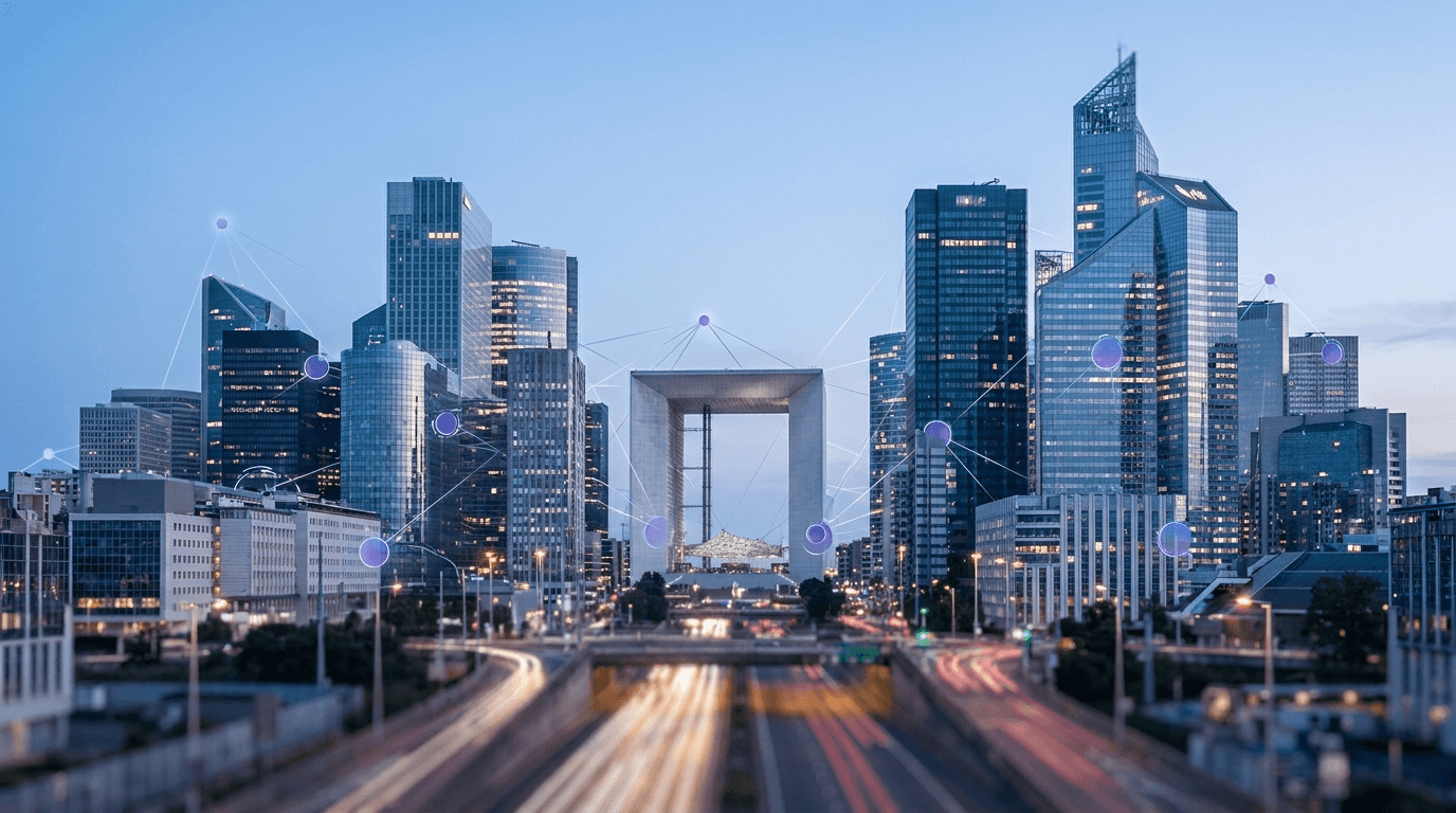 Paris business district au crépuscule avec workflows d'automatisation