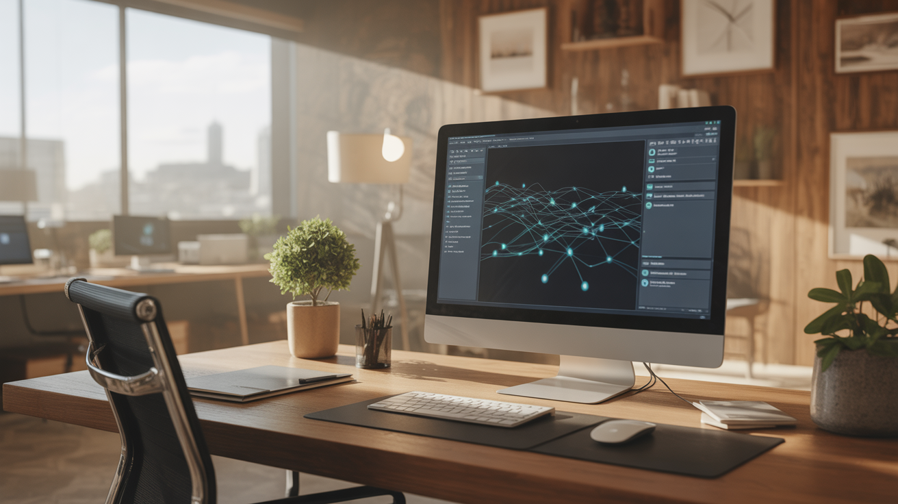 Bureau moderne avec écran affichant l'interface N8N et des nœuds interconnectés pour l'automatisation de workflows.