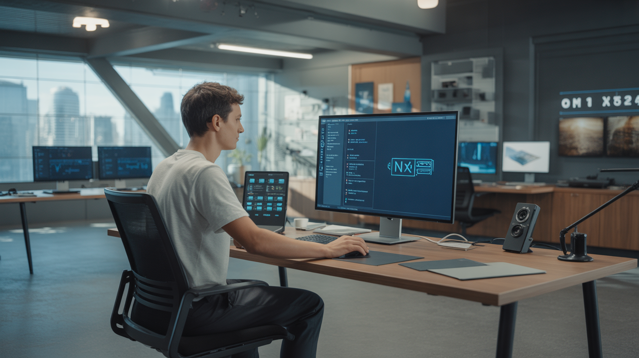 Développeur utilisant N8N dans un bureau futuriste, illustrant l'automatisation révolutionnaire et l'intégration IA.