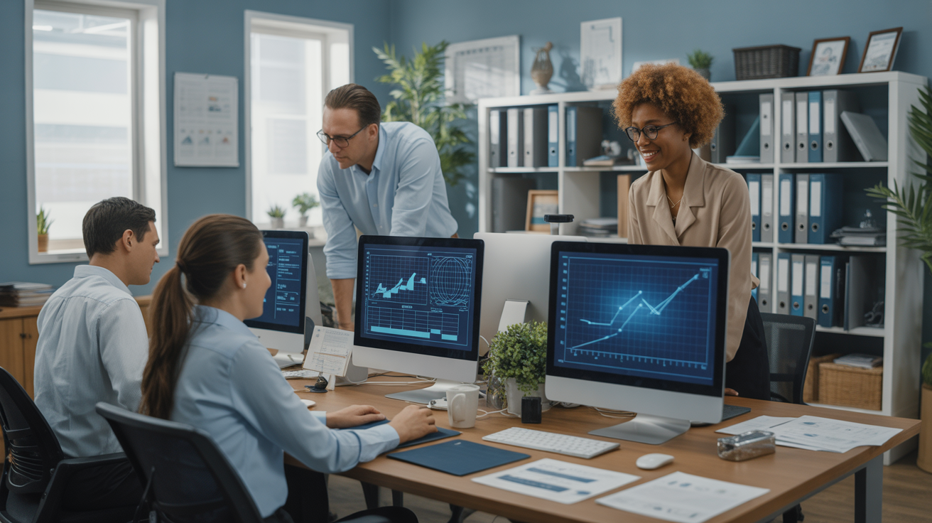 Équipe PME utilisant des outils d'automatisation dans un bureau moderne.