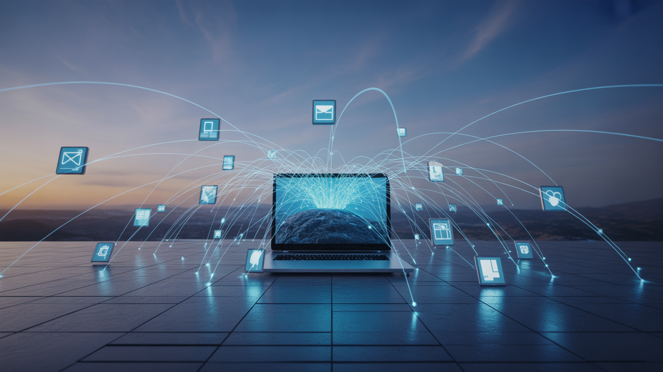 Espace de travail numérique avec applications interconnectées, illustrant l'automatisation des workflows par n8n.
