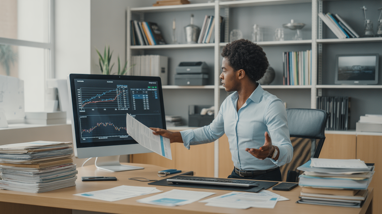 Comptable moderne utilisant des outils d'automatisation pour analyser des données financières.