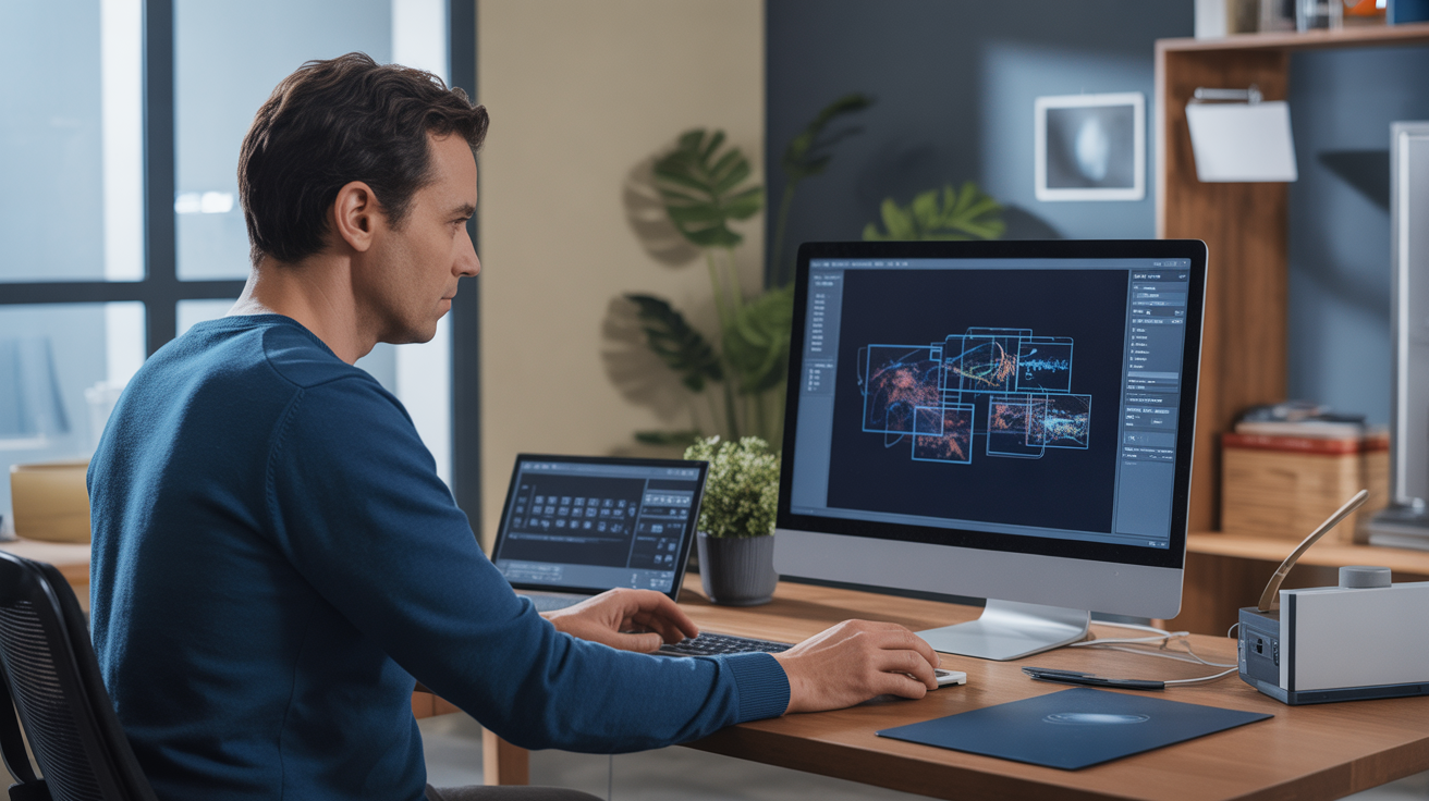 Espace de travail avec ordinateur affichant un workflow automatisé, symbolisant la connectivité des applications.