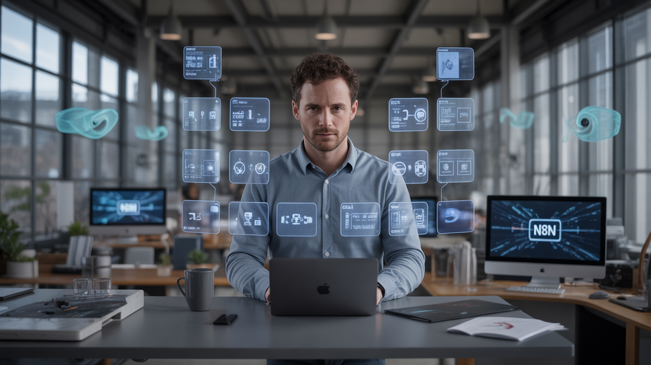 Développeur utilisant N8N dans un espace futuriste, entouré de nœuds d'automatisation.