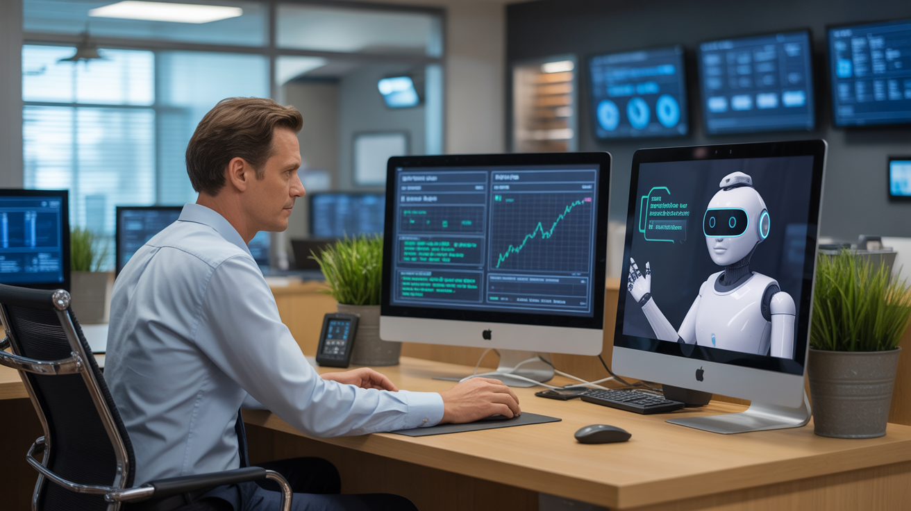 Conseiller clientèle collaborant avec un chatbot IA dans un centre d'appels moderne, symbolisant l'évolution des chatbots.