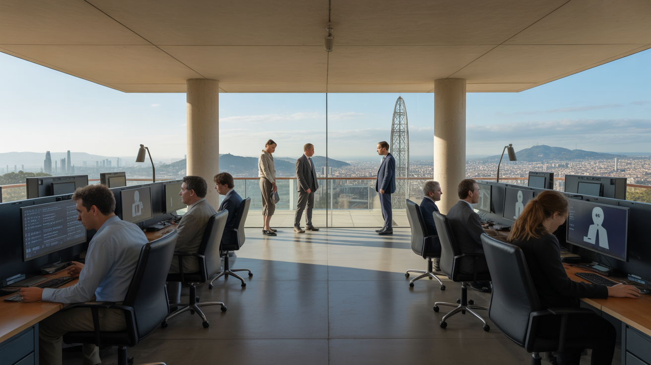 Centre d'appels à Barcelone avec écrans d'IA et téléconseillers humains, illustrant la tension technologique.