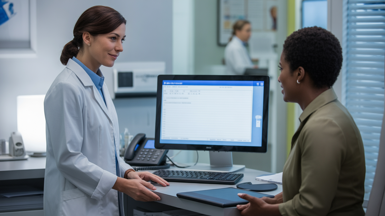 Secrétaire médicale utilisant un ordinateur dans un cabinet moderne, accueillant un patient avec un sourire.