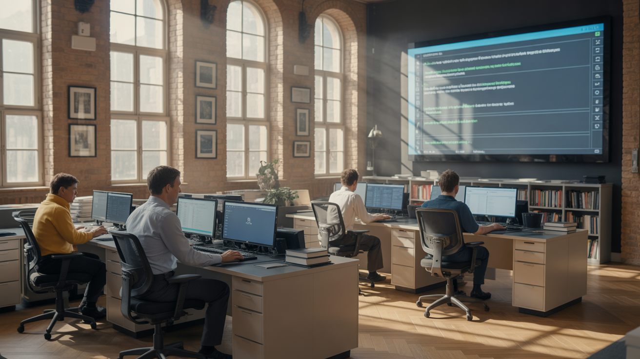 Salle de rédaction avec correcteurs humains et écran d'IA symbolisant la transition vers la correction automatisée.