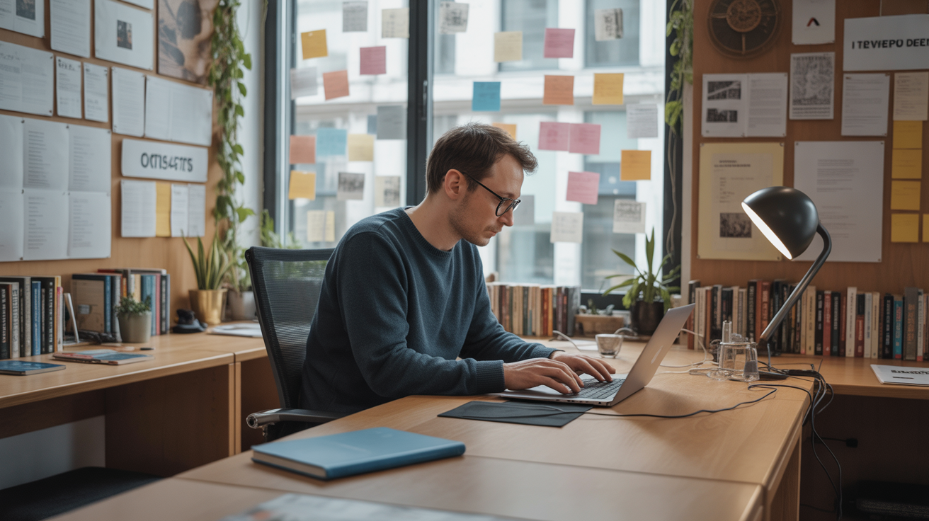 Développeur travaillant sur N8N dans un espace de coworking, symbolisant l'innovation et l'accessibilité.