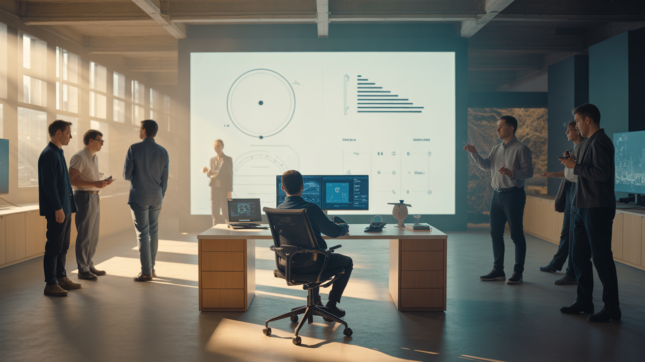 Développeurs et professionnels discutant autour de GPT-5, symbolisant l'innovation et la collaboration.