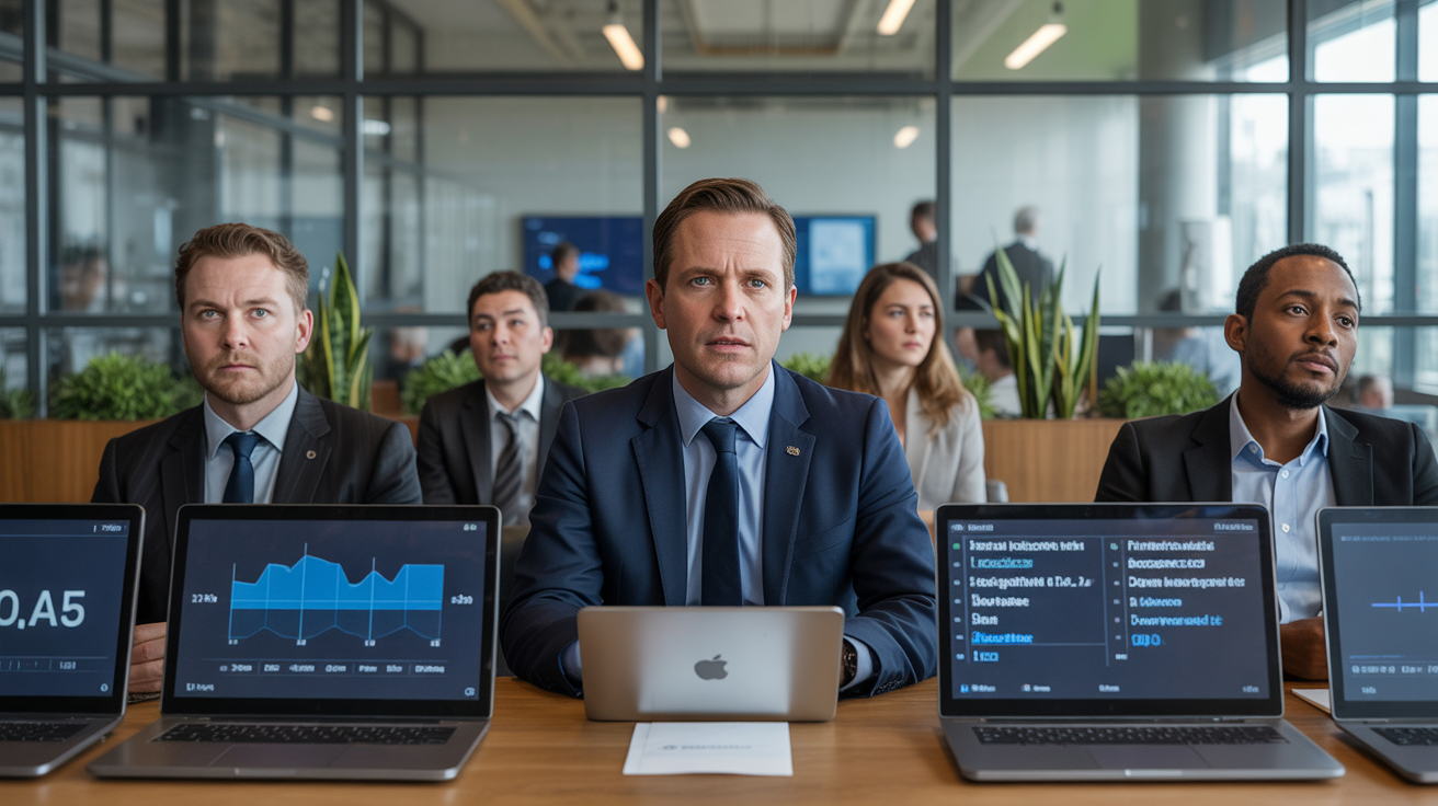 Salle de réunion moderne montrant la tension entre technologie IA et employés concernés par l'automatisation