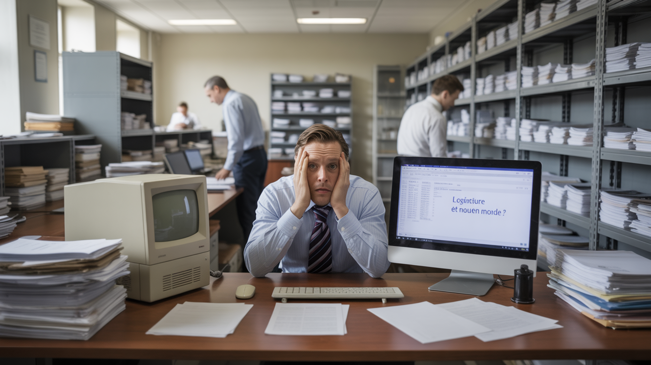 Opérateur de saisie dans un bureau des années 2000, contrastant avec un écran moderne de logiciel OCR, symbolisant la transition technologique.