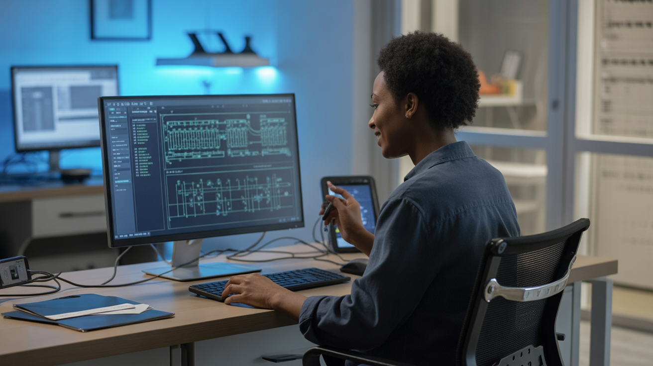 Bureau moderne avec workflows n8n et automatisation, symbolisée par des câbles réseau et une personne manipulant des données.