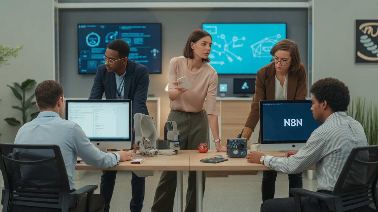 Office scene with three workstations representing Zapier, n8n, and Make, symbolizing no-code automation tools for diverse users.