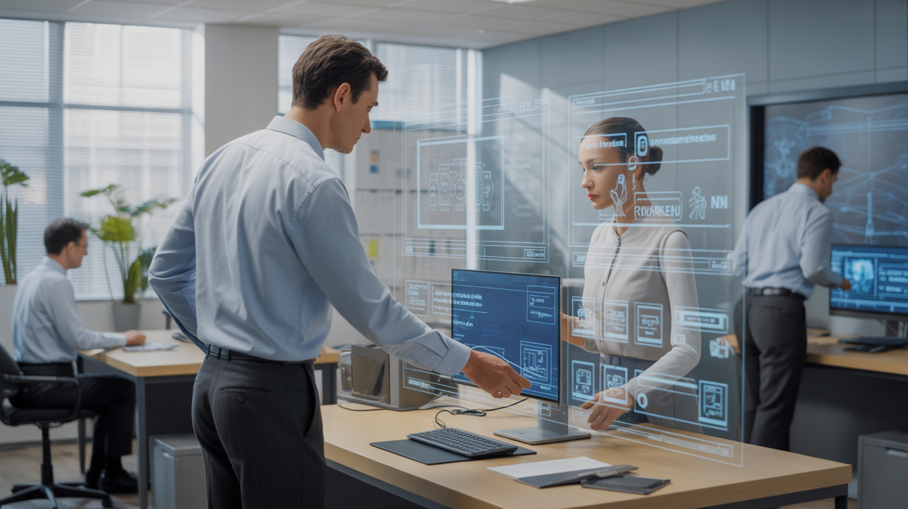 Agent administratif collaborant avec une IA holographique dans un bureau moderne, illustrant la transformation numérique.