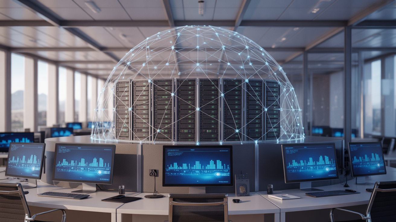 Gratte-ciel numérique sur des serveurs, symbolisant l'hébergement web comme fondation du succès en ligne.