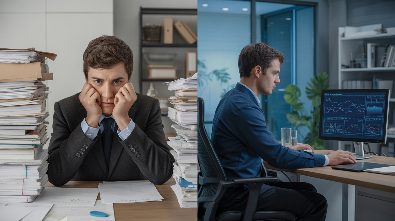 Contraste entre un analyste de données junior submergé par des tâches manuelles et un autre utilisant des outils d'automatisation modernes.