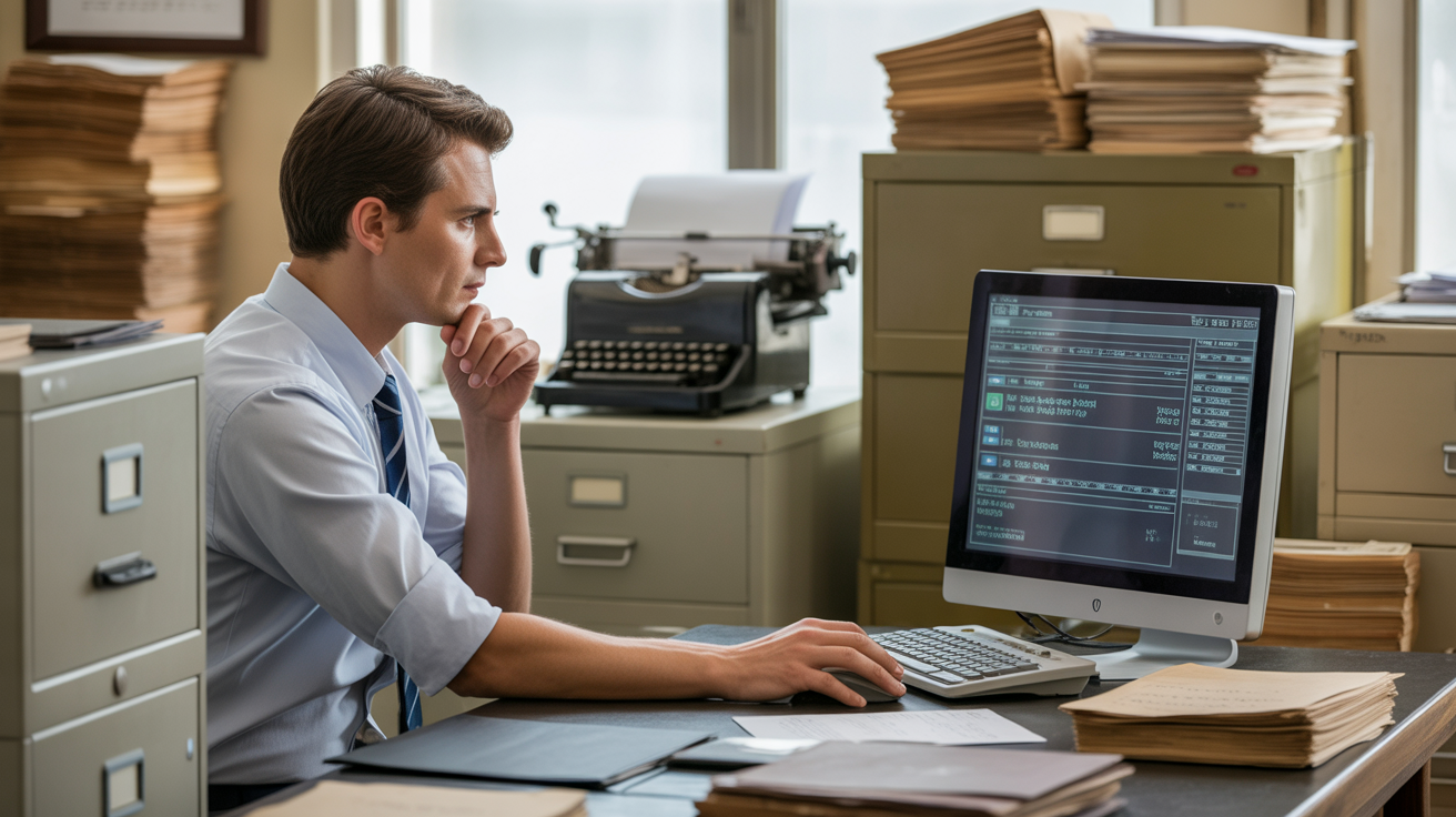 Opérateur devant écran moderne avec machine à écrire en arrière-plan, symbolisant l'évolution de la saisie manuelle vers l'automatisation