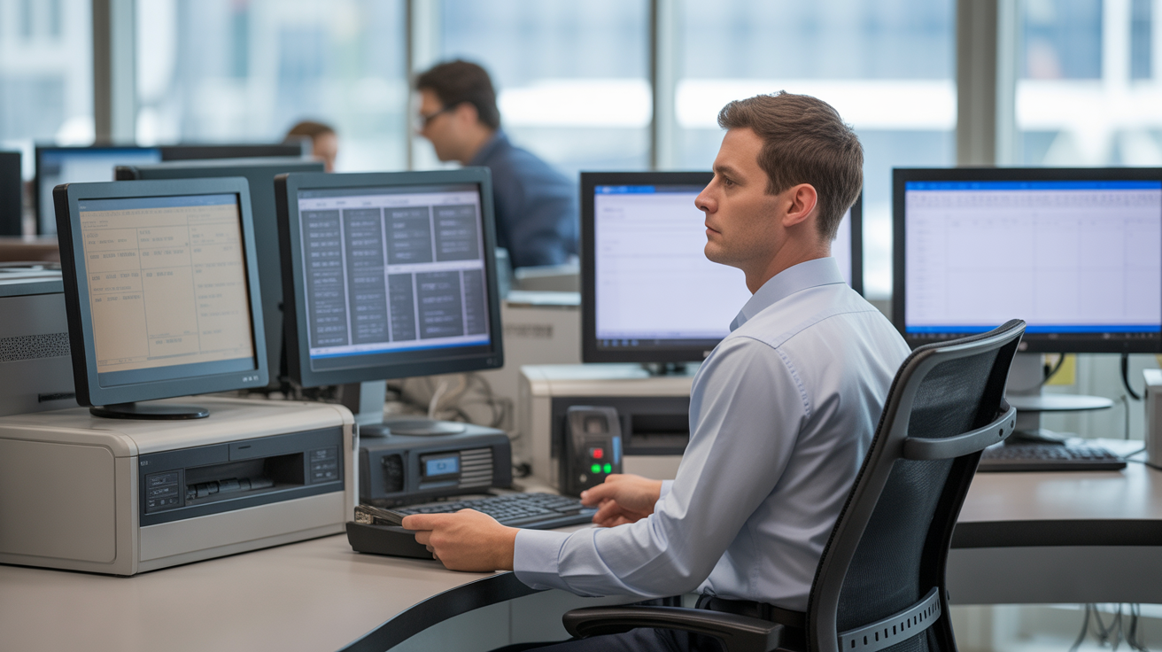 Opérateur moderne supervisant des processus automatisés dans un bureau contemporain