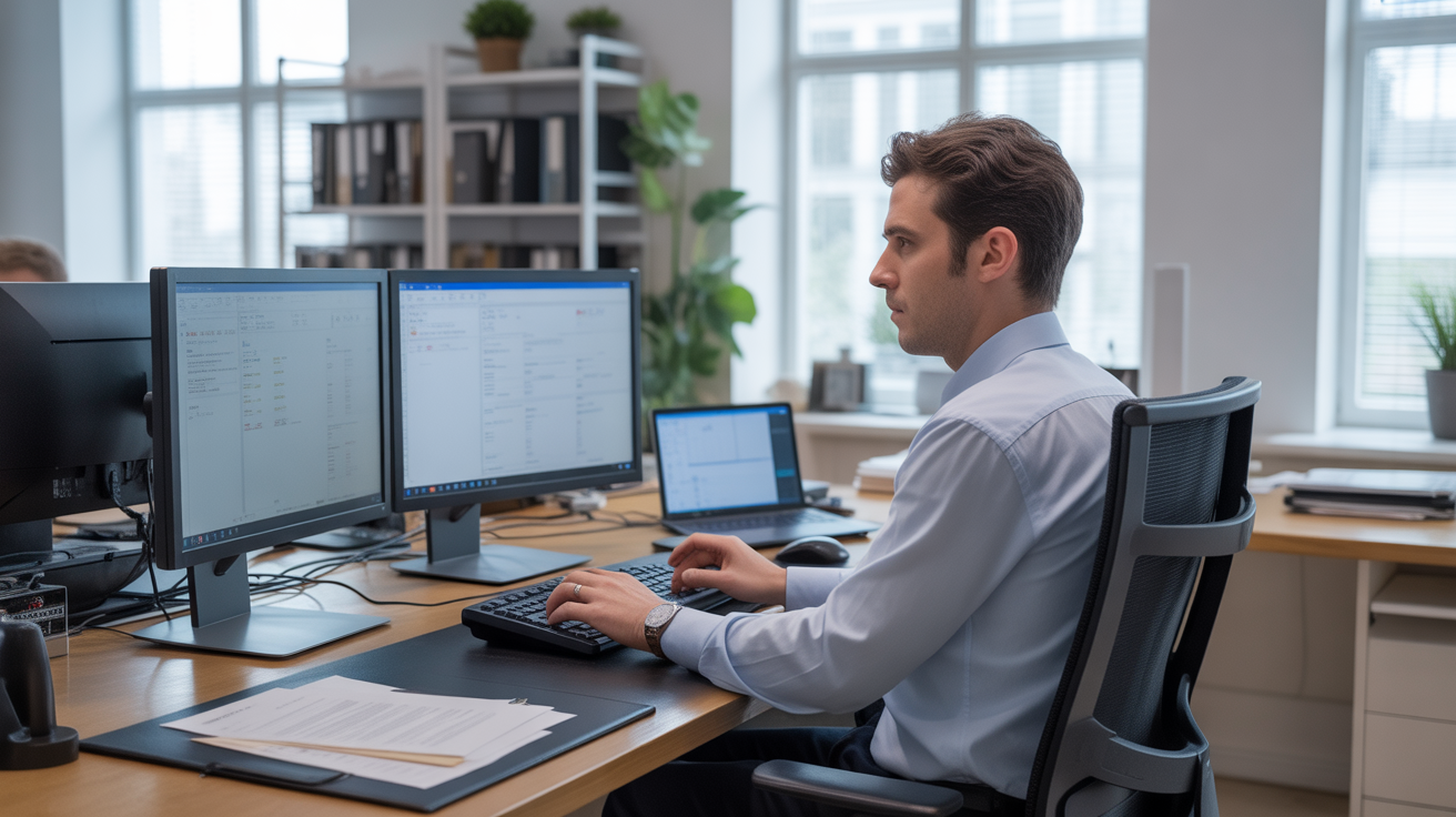 Opérateur de saisie concentré devant son poste de travail moderne avec écrans et documents