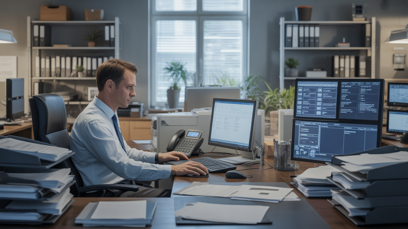 Bureau montrant la transition entre saisie manuelle et automatisation numérique