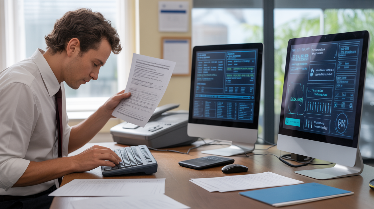 Opérateur de saisie face à l'automatisation, transition entre documents papier et écrans numériques.