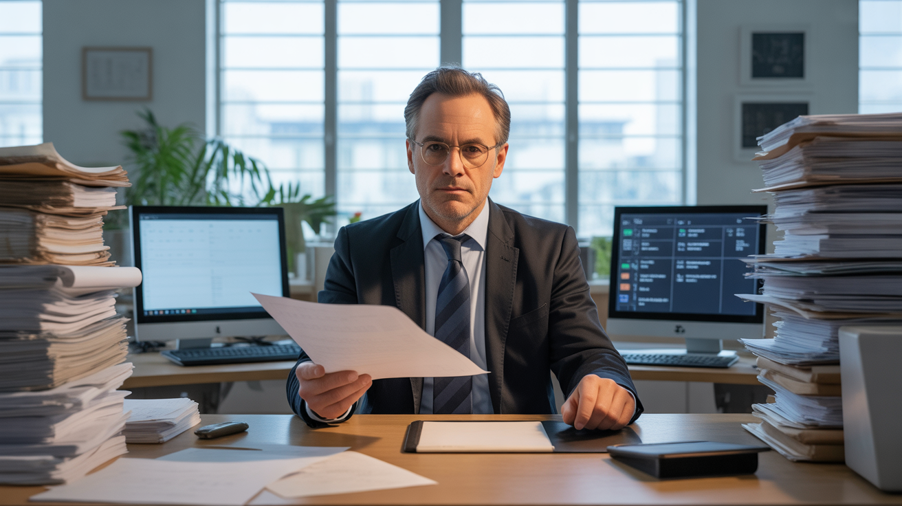 Opérateur de saisie en transition entre documents papier traditionnels et écrans d'automatisation IA