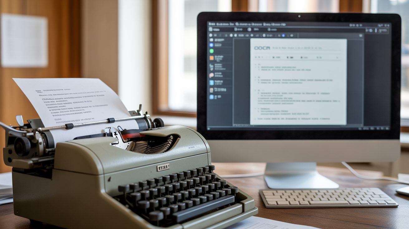 Machine à écrire vintage et écran moderne illustrant l'évolution du métier de saisie