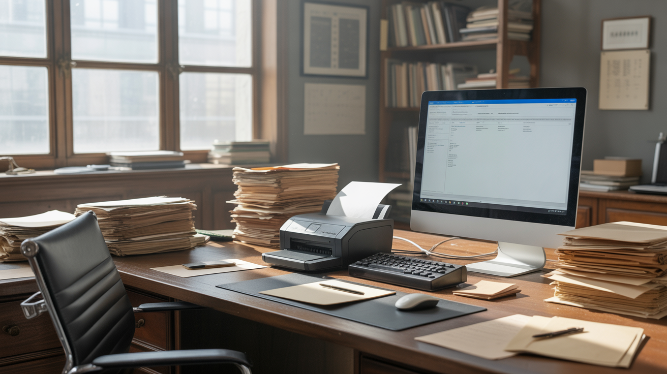 Bureau d'opérateur de saisie montrant la transition entre documents papier et écran numérique