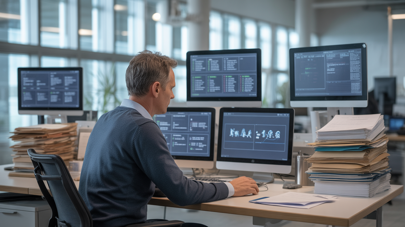 Opérateur observant écrans d'automatisation avec documents papier en contraste