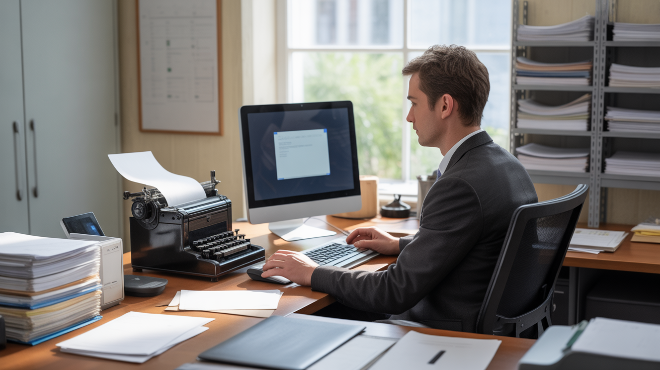 Opérateur de saisie devant un bureau avec machine à écrire vintage et écran moderne, symbolisant l'évolution technologique du métier