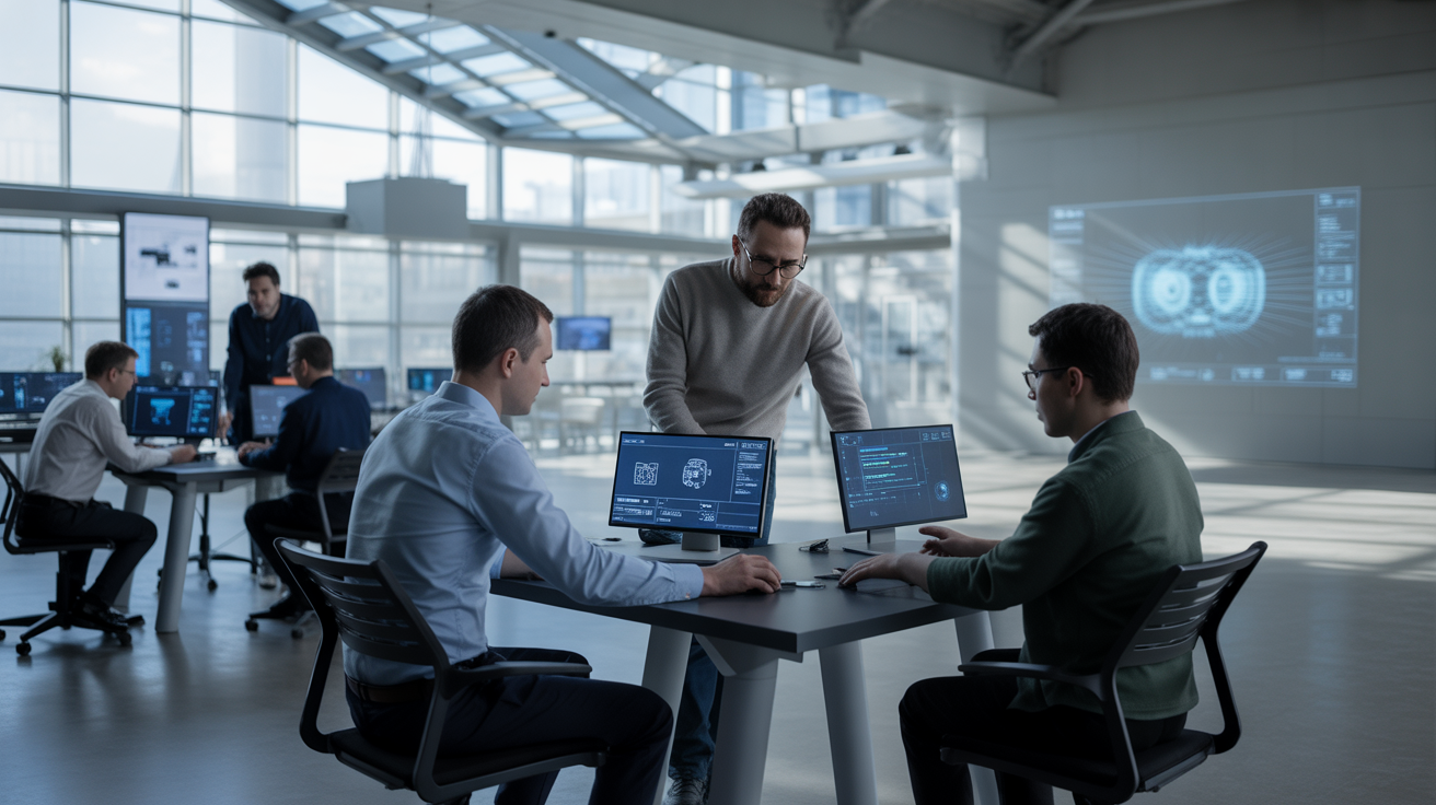 Salle de travail high-tech avec plusieurs personnes collaborant autour d'écrans IA spécialisés, lumière naturelle diffuse.